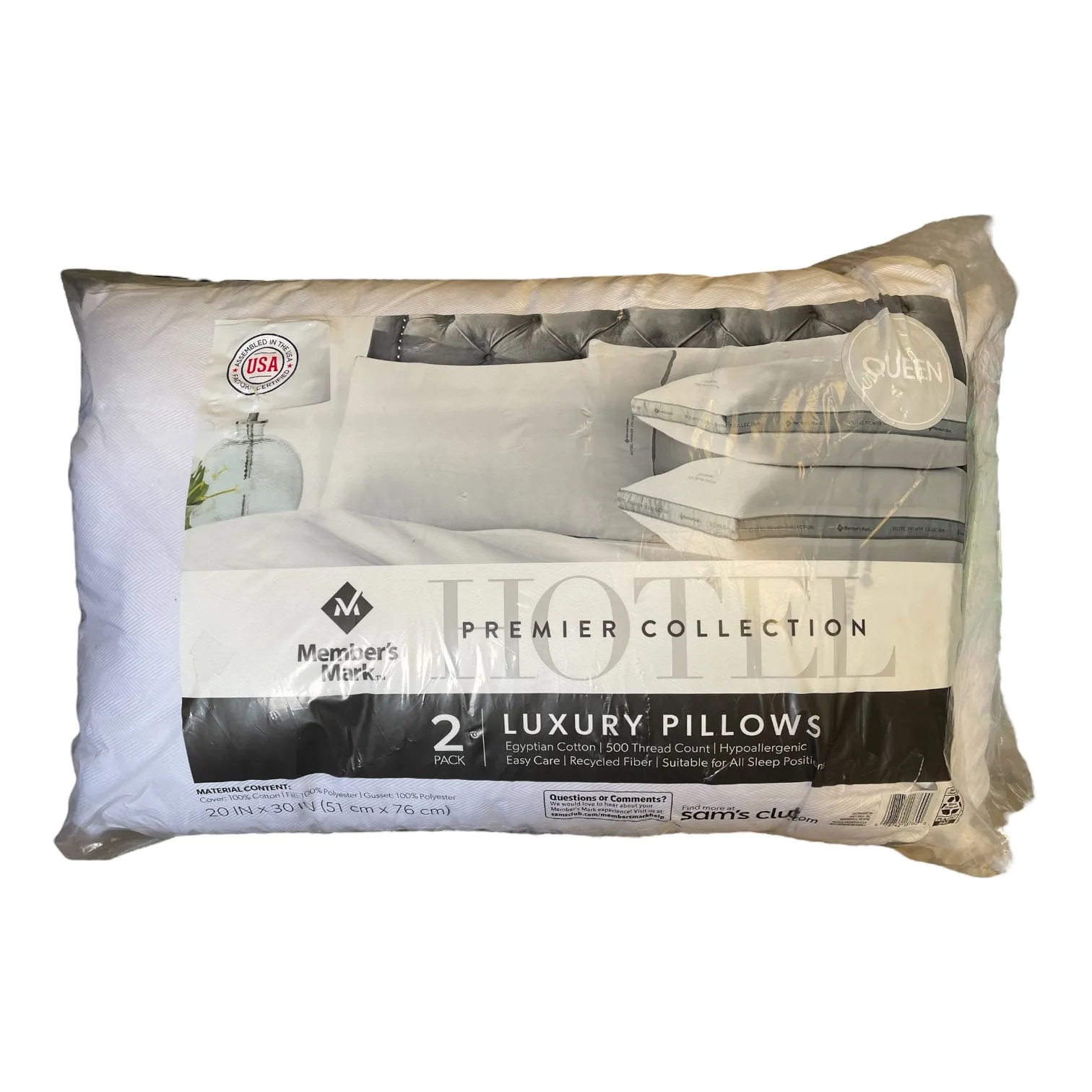 2 Pack Member's Mark Hotel Premier Collection Bed Pillows, White, Queen