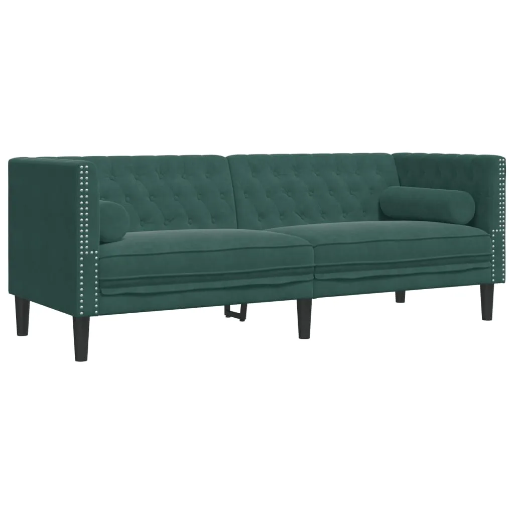 3 Piece Chesterfield Sofa Set with Bolsters Dark Green Velvet