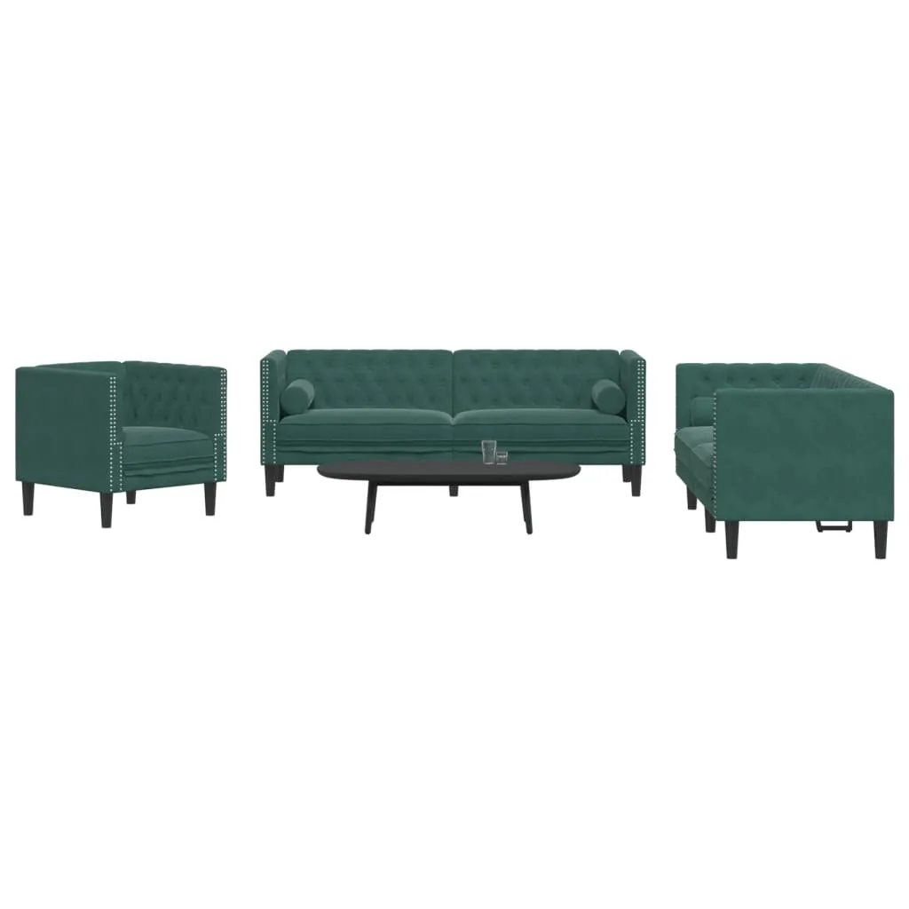3 Piece Chesterfield Sofa Set with Bolsters Dark Green Velvet