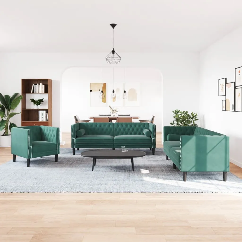 3 Piece Chesterfield Sofa Set with Bolsters Dark Green Velvet