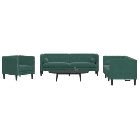 3 Piece Chesterfield Sofa Set with Bolsters Dark Green Velvet