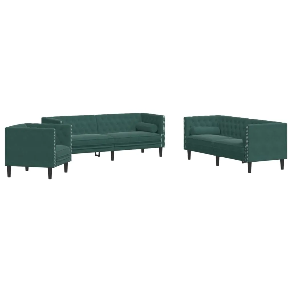 3 Piece Chesterfield Sofa Set with Bolsters Dark Green Velvet