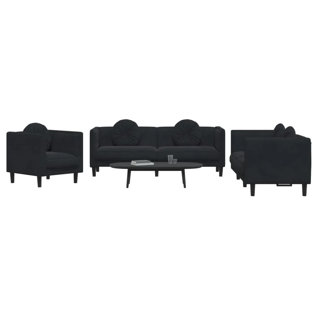 3 Piece Sofa Set with Pillows Black Velvet