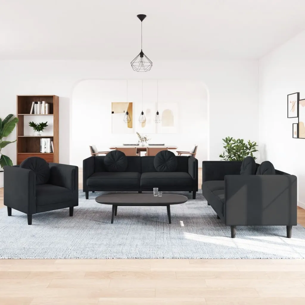 3 Piece Sofa Set with Pillows Black Velvet