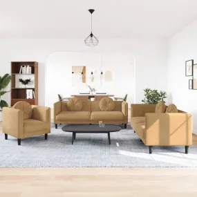 3 Piece Sofa Set with Pillows Brown Velvet