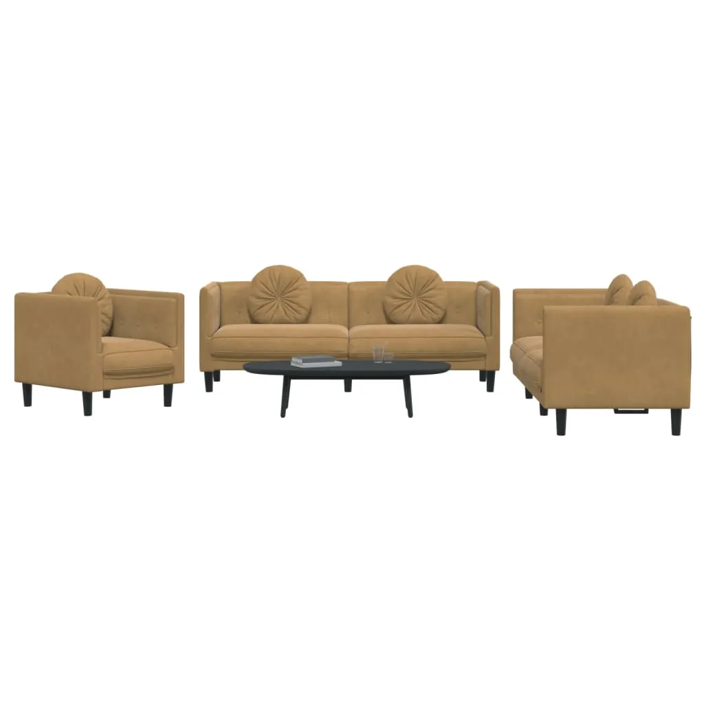 3 Piece Sofa Set with Pillows Brown Velvet