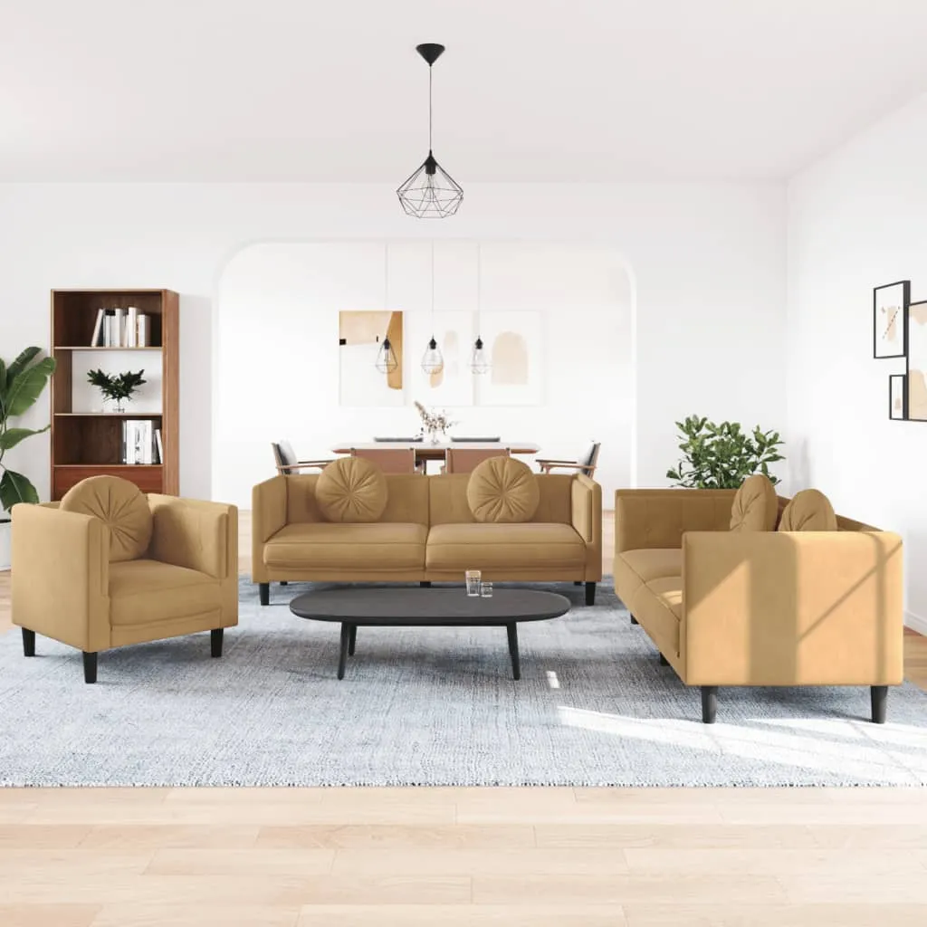 3 Piece Sofa Set with Pillows Brown Velvet