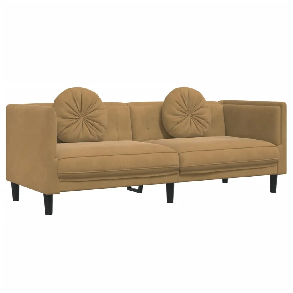3 Piece Sofa Set with Pillows Brown Velvet