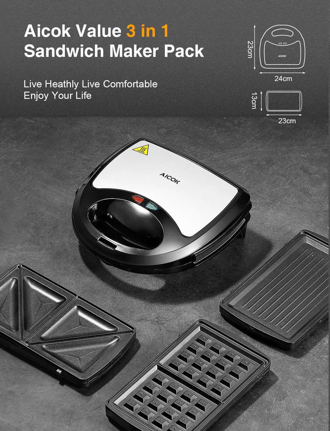 AICOK Sandwich Maker, Waffle Maker, Panini Press Grill, 3-in-1 Detachable Non-Stick Plates, LED Indicator, Cool Touch Handle, Dishwasher Safe