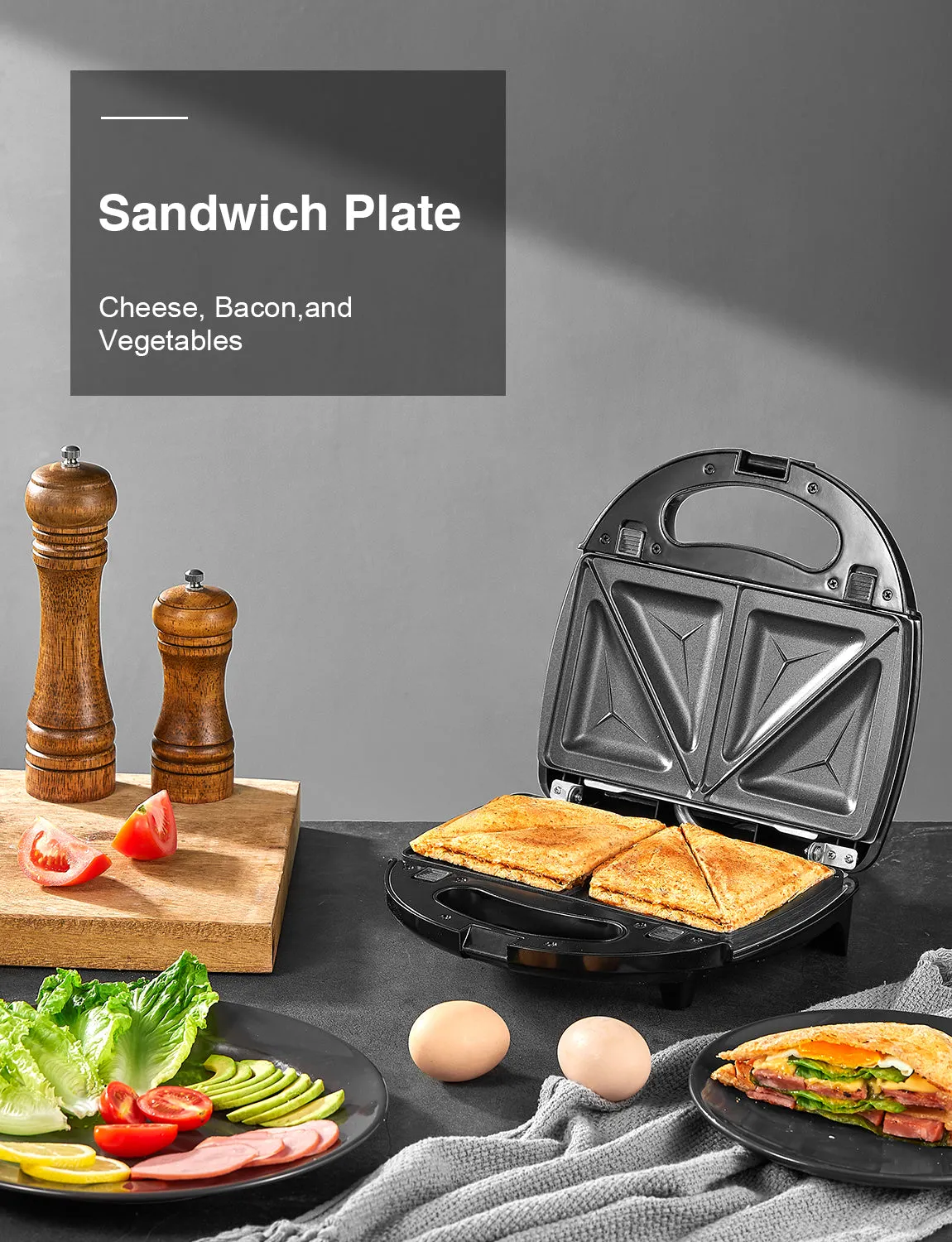 AICOK Sandwich Maker, Waffle Maker, Panini Press Grill, 3-in-1 Detachable Non-Stick Plates, LED Indicator, Cool Touch Handle, Dishwasher Safe