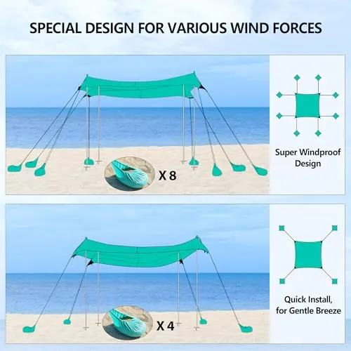 Beach Tent, Camping Tent UPF50  with 8 Sandbags, Beach Essentials for 6-12 Persons, Beach Shade Canopy with Stability Poles and Big Ground Pegs, Pop Up Canopy for Camping, Picnics, 10X10FT Blue