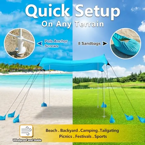 Beach Tent, Camping Tent UPF50  with 8 Sandbags, Beach Essentials for 6-12 Persons, Beach Shade Canopy with Stability Poles and Big Ground Pegs, Pop Up Canopy for Camping, Picnics, 10X10FT Blue