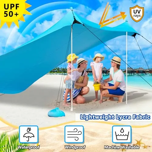 Beach Tent, Camping Tent UPF50  with 8 Sandbags, Beach Essentials for 6-12 Persons, Beach Shade Canopy with Stability Poles and Big Ground Pegs, Pop Up Canopy for Camping, Picnics, 10X10FT Blue