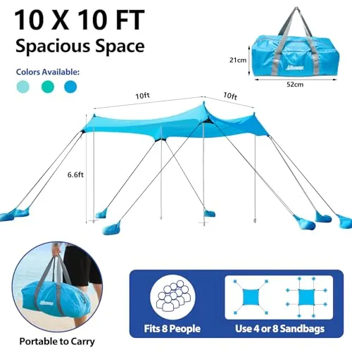 Beach Tent, Camping Tent UPF50  with 8 Sandbags, Beach Essentials for 6-12 Persons, Beach Shade Canopy with Stability Poles and Big Ground Pegs, Pop Up Canopy for Camping, Picnics, 10X10FT Blue