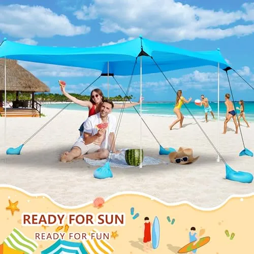 Beach Tent, Camping Tent UPF50  with 8 Sandbags, Beach Essentials for 6-12 Persons, Beach Shade Canopy with Stability Poles and Big Ground Pegs, Pop Up Canopy for Camping, Picnics, 10X10FT Blue