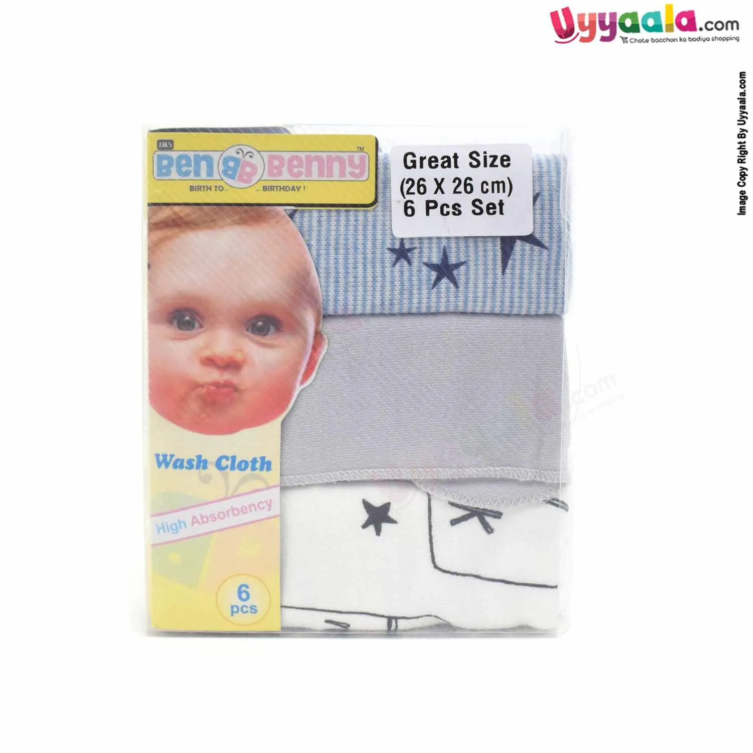 BEN BENNY Hosiery Cotton Napkins for Babies with MultiPrint 6Pcs Set, Size(26*26cm) -MultiColor
