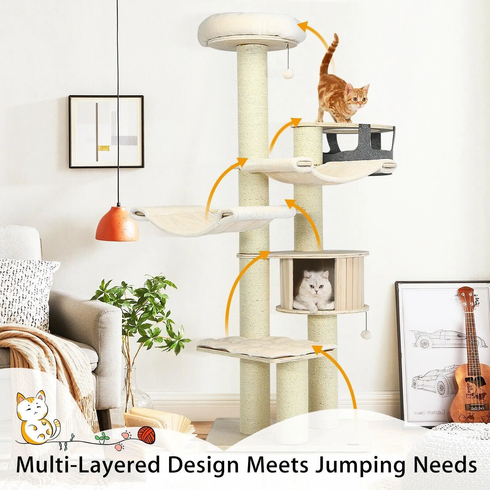 Cat Tree Condo PS7476,77.5 Inch Multi-Level Kitten Activity Tower with Sisal Posts