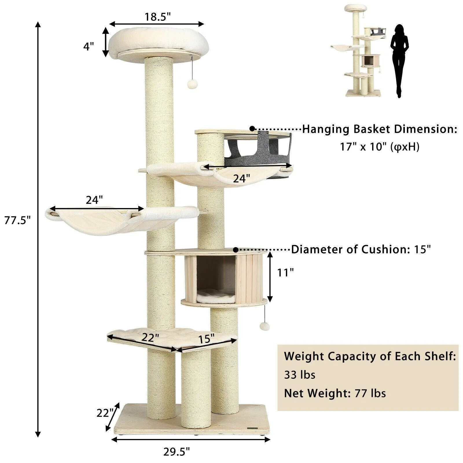 Cat Tree Condo PS7476,77.5 Inch Multi-Level Kitten Activity Tower with Sisal Posts