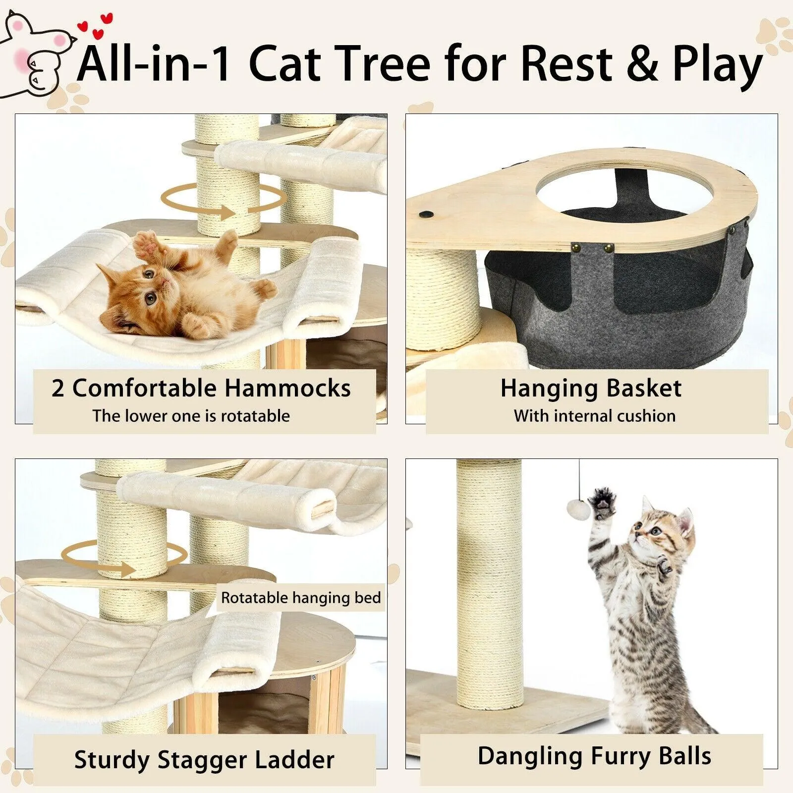 Cat Tree Condo PS7476,77.5 Inch Multi-Level Kitten Activity Tower with Sisal Posts