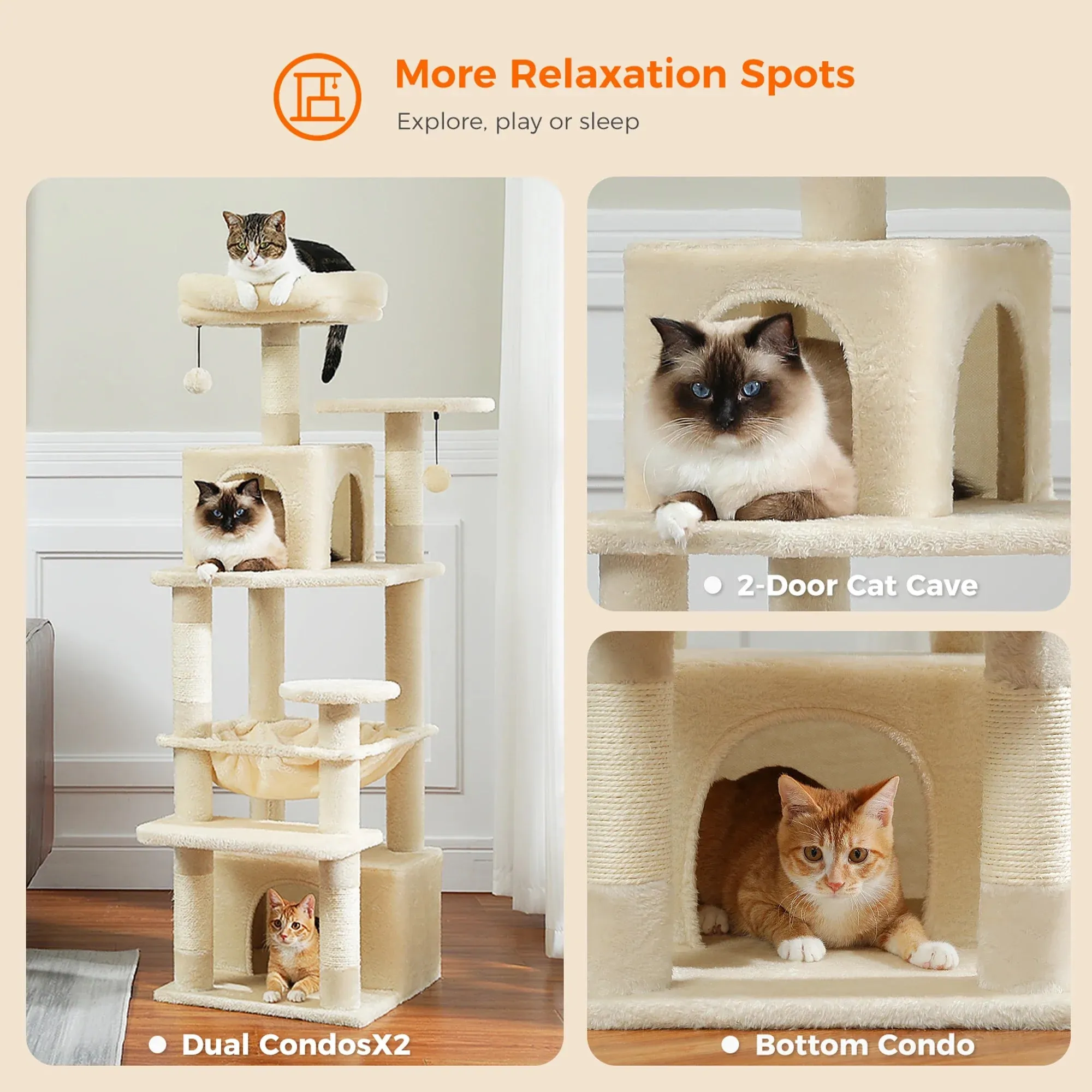 Deluxe Cat Tree Tower for Large Cats - 136cm Height with Hammocks, Condos, and Scratching Posts