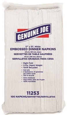 Genuine Joe Embossed Dinner Napkins' 2 Ply' White' 17X15 In.