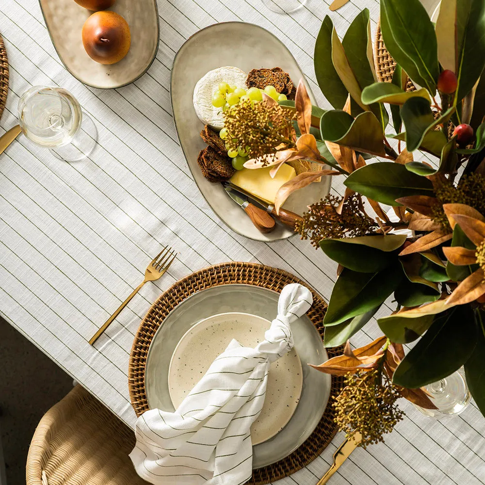 Pinstripe Tablecloth White & Olive 150x350cm