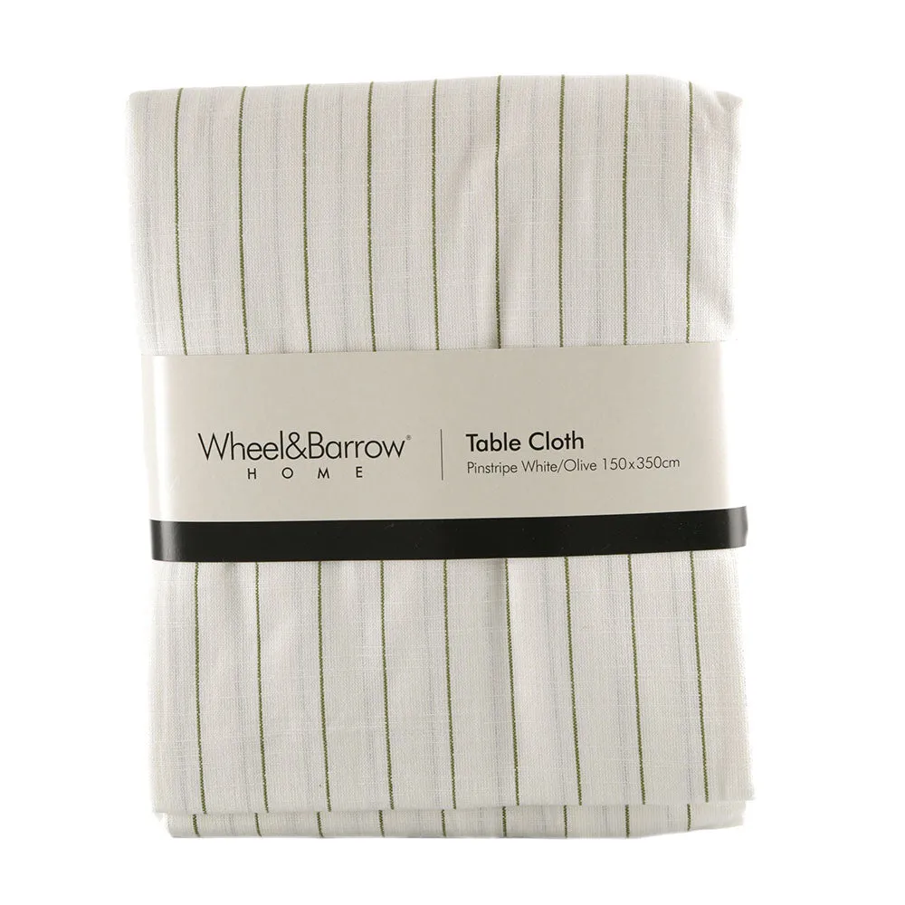 Pinstripe Tablecloth White & Olive 150x350cm