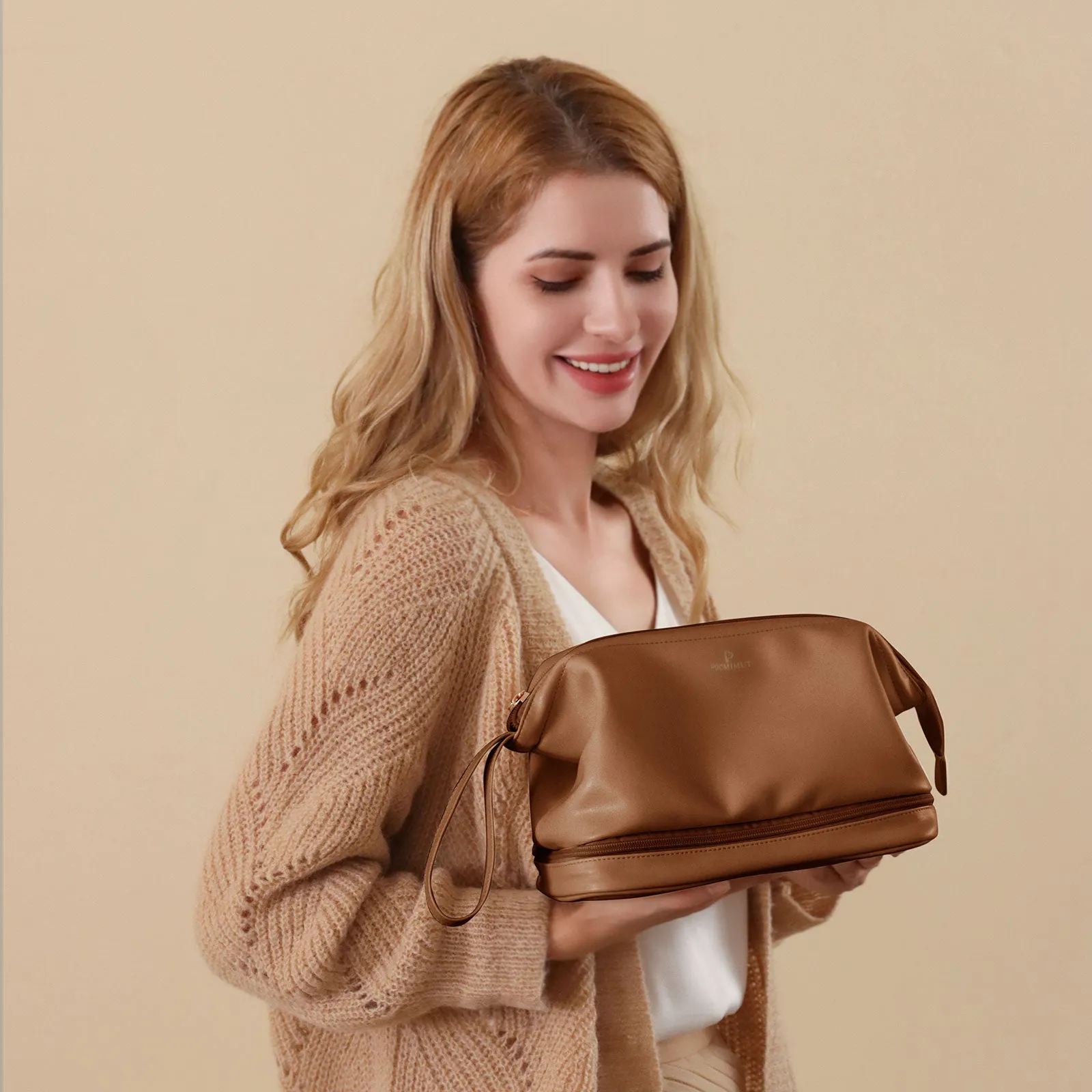 Pocmimut Double Layer Leather Makeup Bag