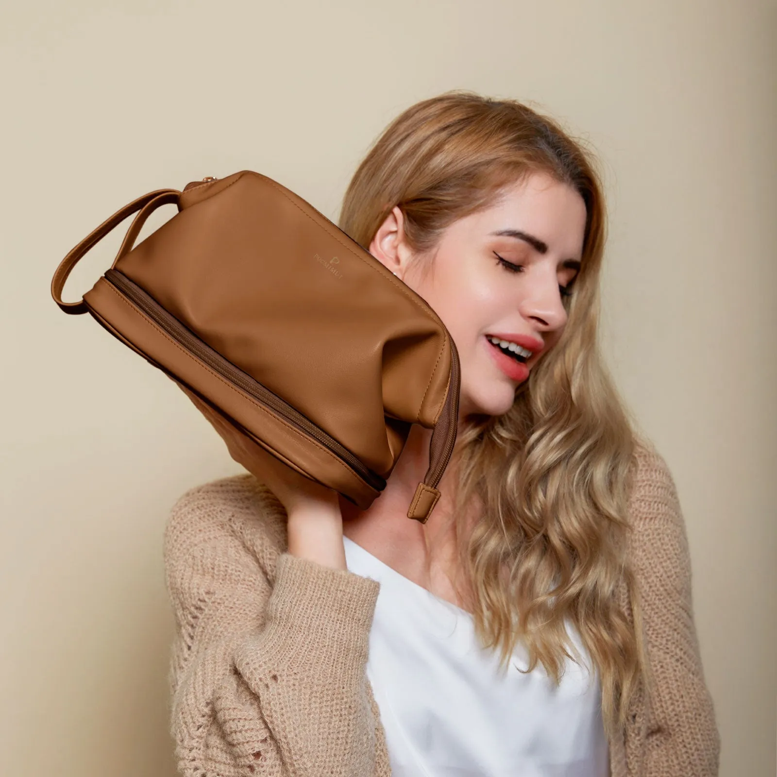 Pocmimut Double Layer Leather Makeup Bag