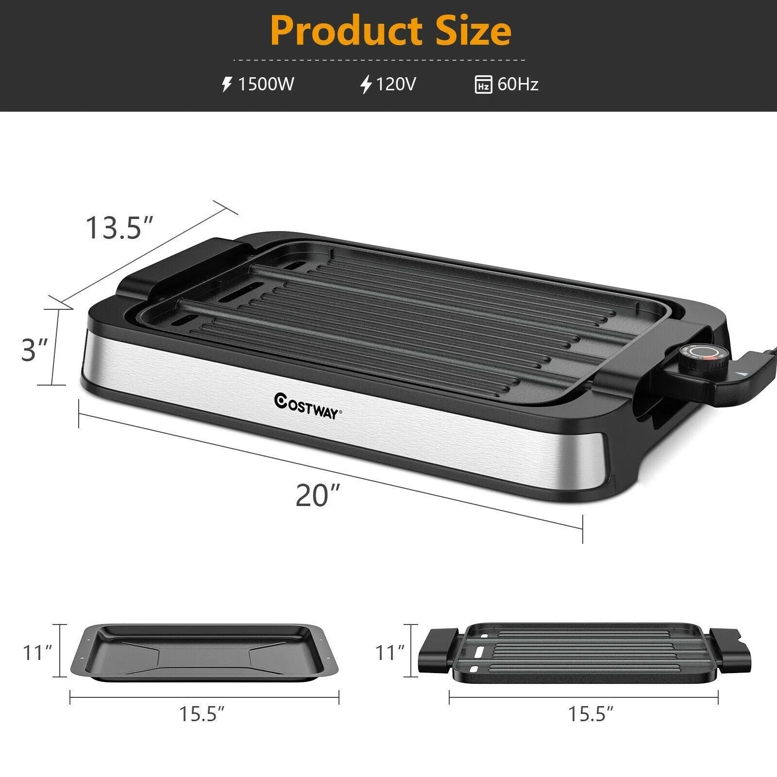 Smokeless Indoor Grill EP24926US,Electric Griddle with Non-stick Cooking Plate,1500W