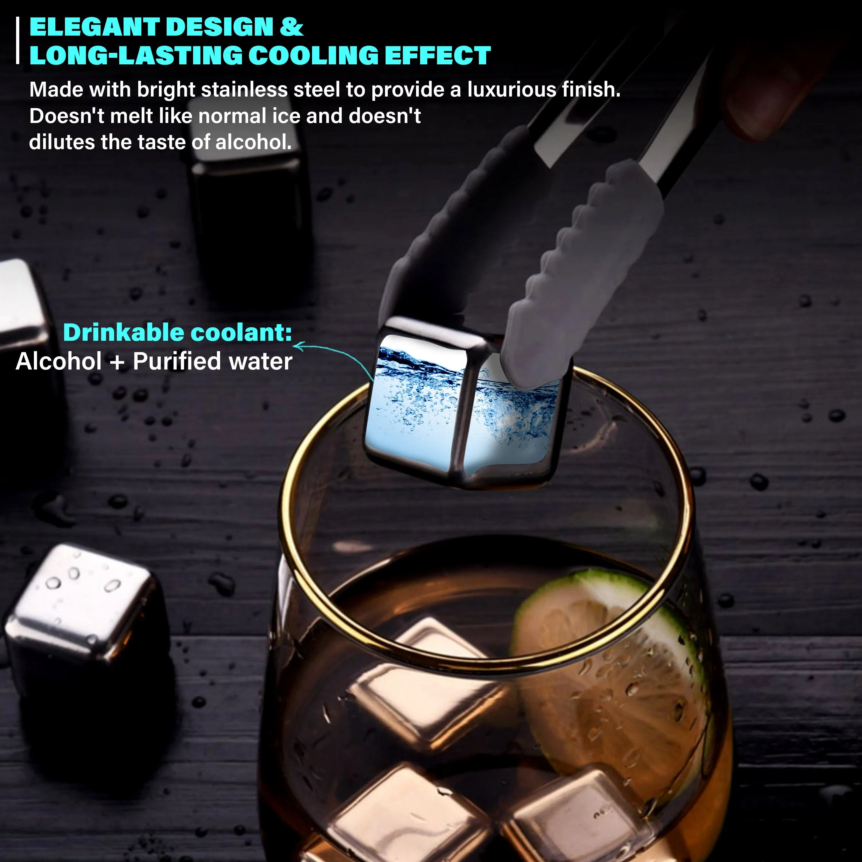 Stainless Steel Ice Cubes (8 Pieces)   Tongs