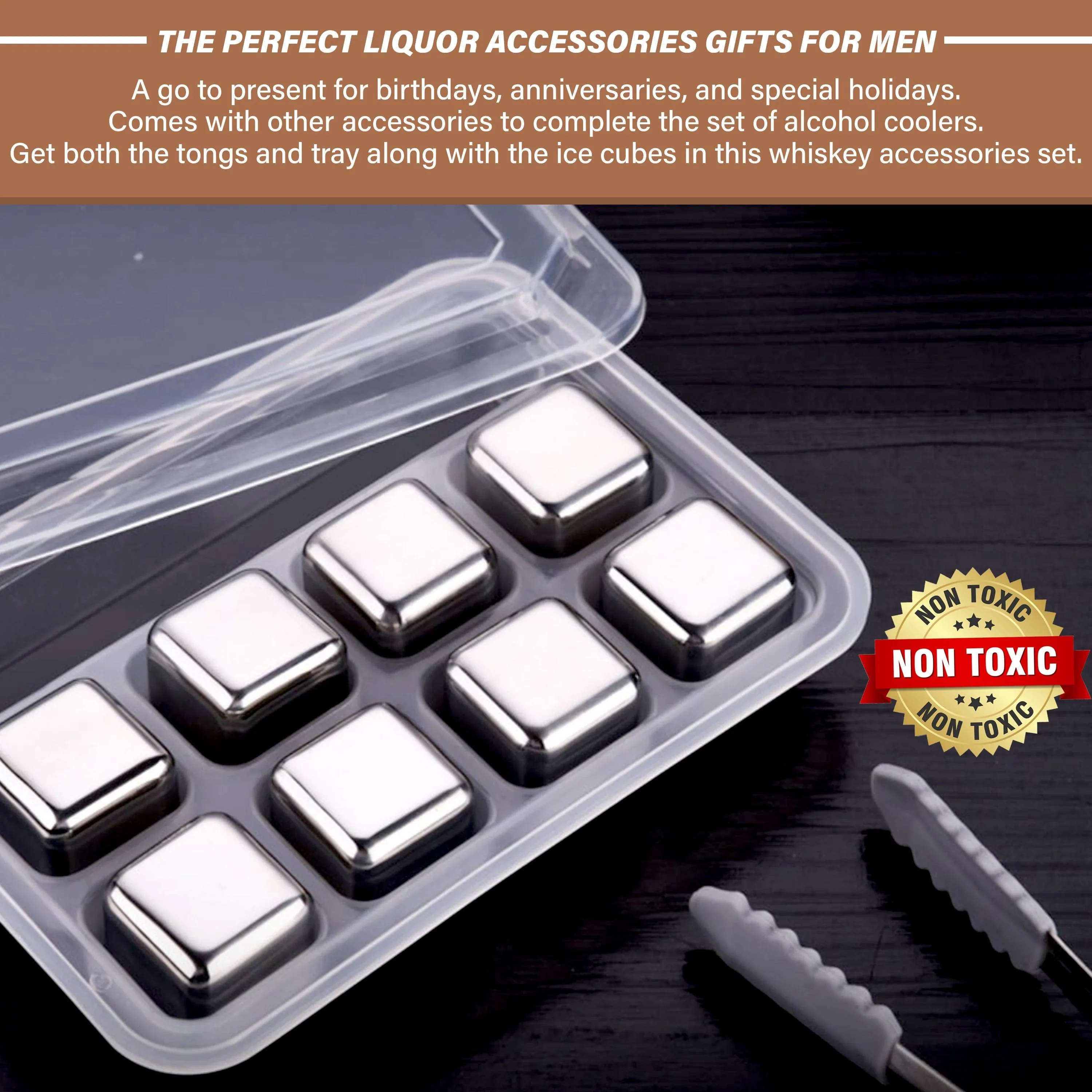Stainless Steel Ice Cubes (8 Pieces)   Tongs